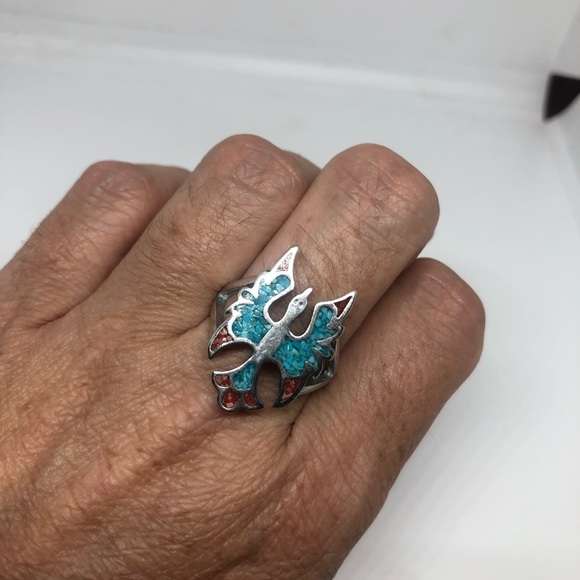 Vintage Thunderbird Ring Turquoise Coral Inlay - Picture 5 of 7